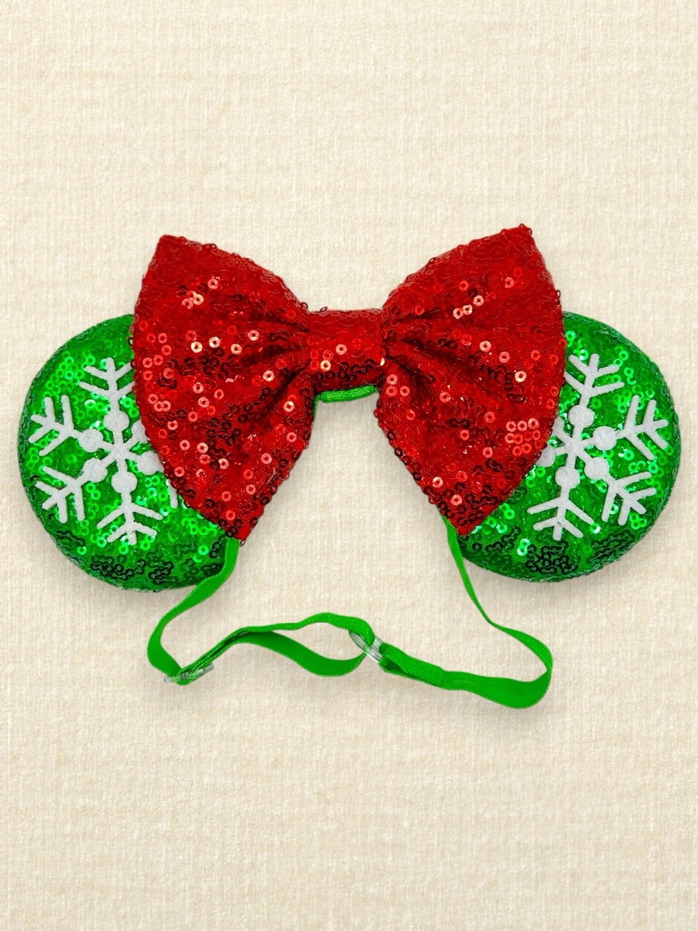 Elastic Green Snowflake Minnie Ears | Disney-Inspired Christmas Mouse Ears